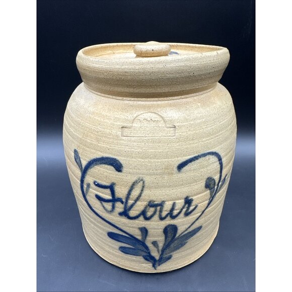 Vintage B Stebner FLOUR Canister Crock Pottery Hartville Salt Glaze County HTF